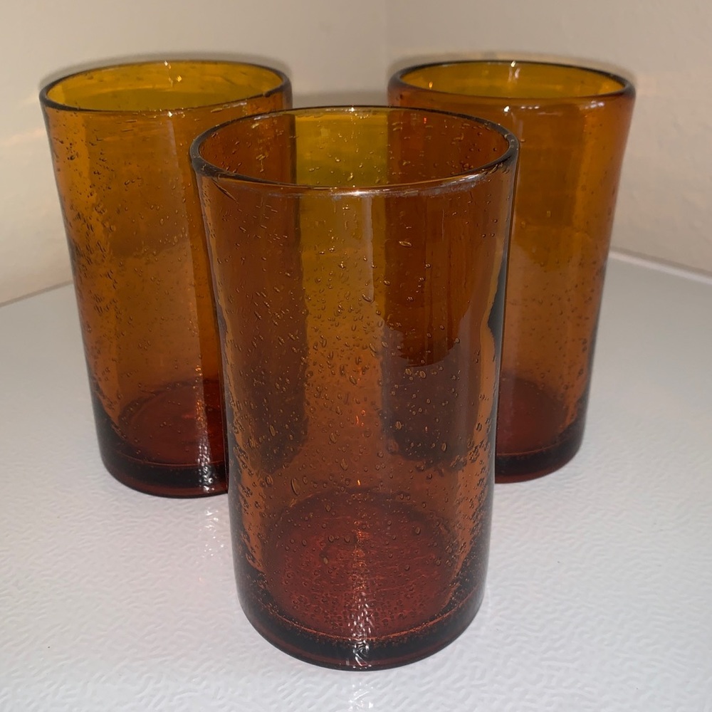Amber Lot Of 3 Bubbles Tumbler Drinking Glasses Mid Century 16Oz Thick-Walled